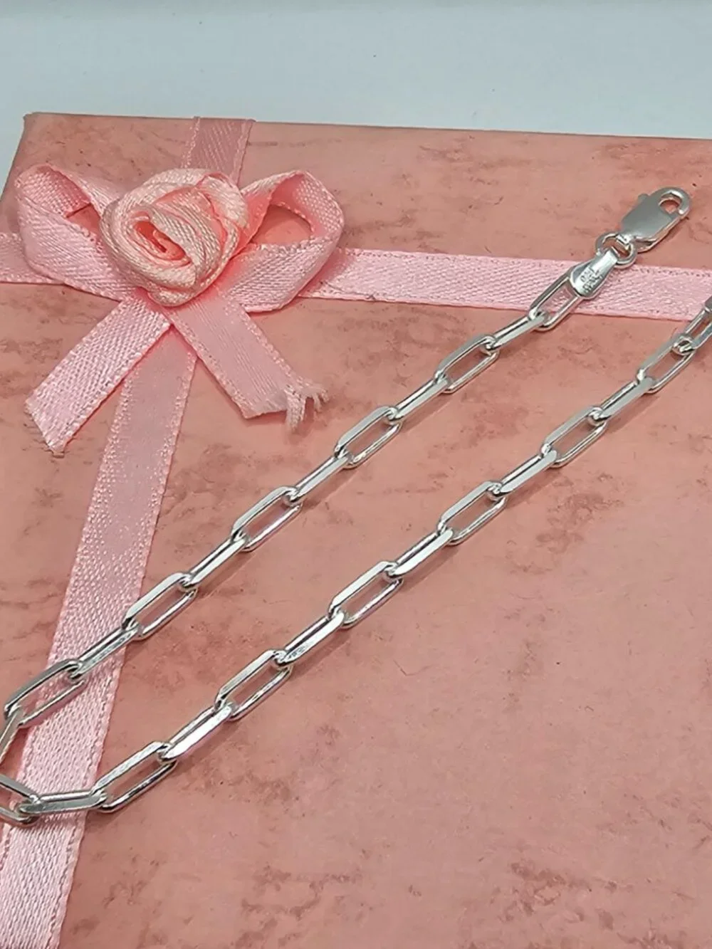 Sterling Silver 925 High Polished Flat Edge Paperclip Bracelet 2.9mm 7 inches